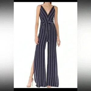 [Sz2] ML Monique Lhuillier Long Jumpsuit with  Slits at Front Leg Navy Strips